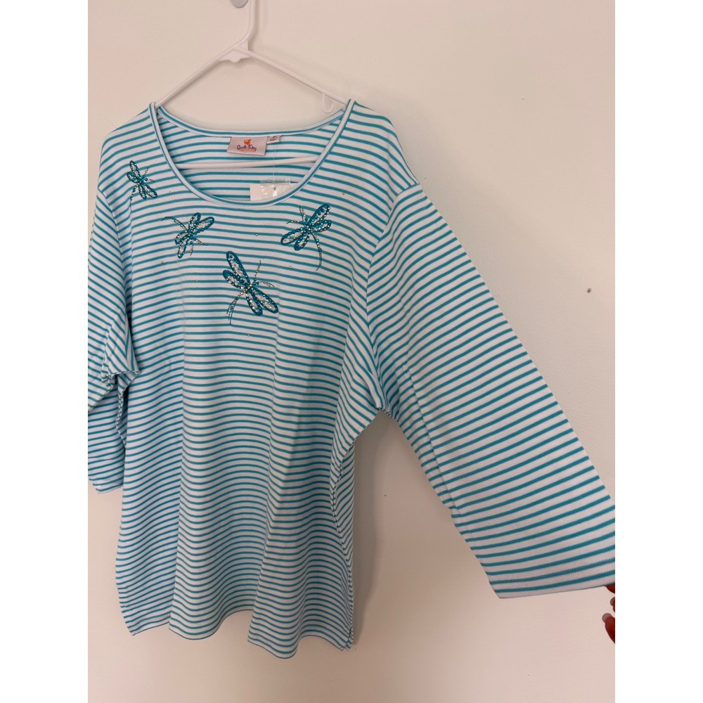 NWT Quacker Factory Women's Summer Top Dragonfly Sequins Teal Stripe Size 2X